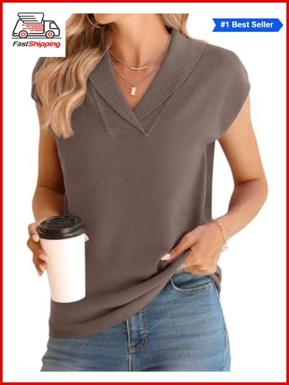 ✨ Sweater Vest Women V-Neck Knitted Pullover Short Cap Sleeve Collared Tops
